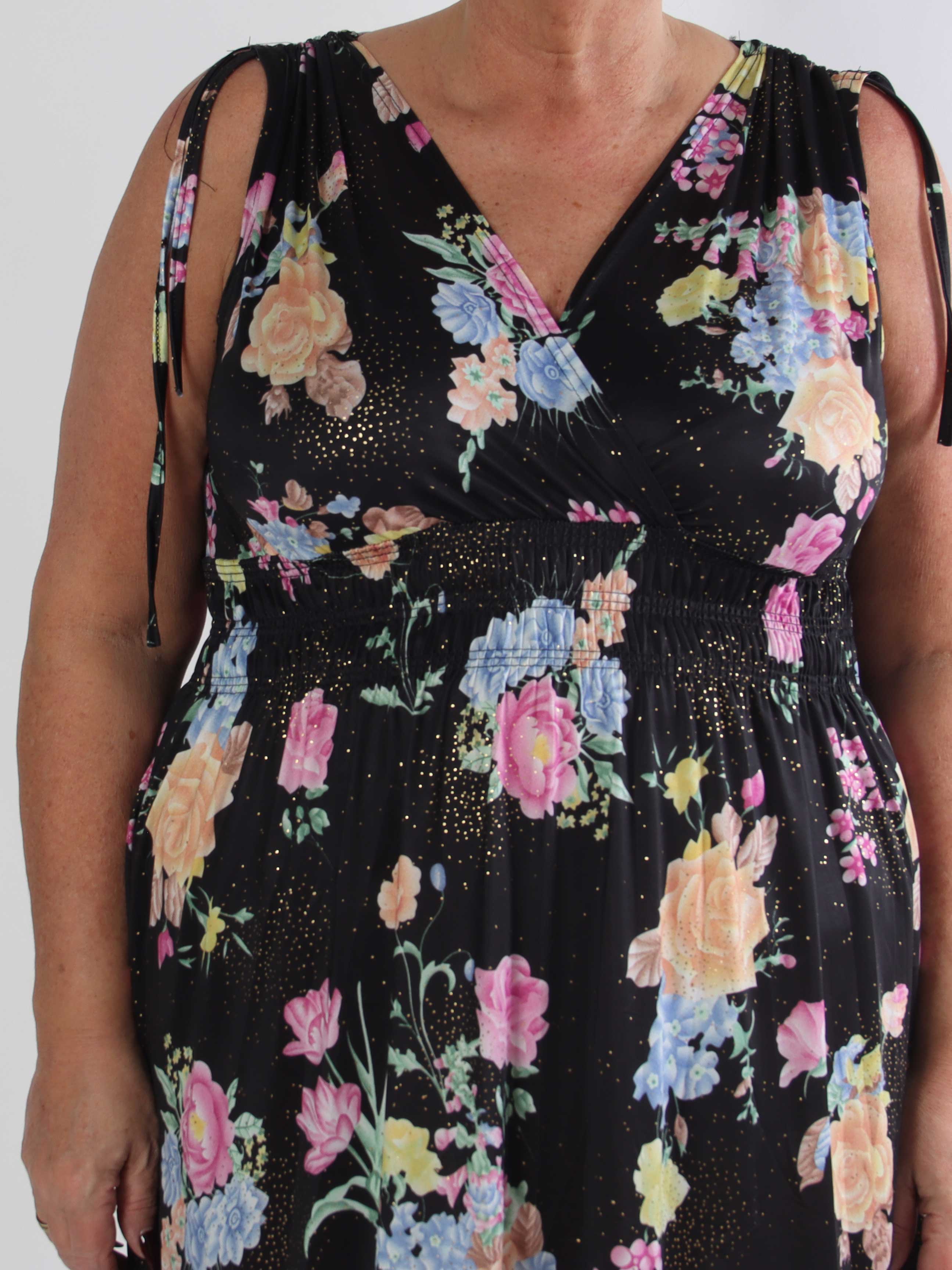 Pams Bouquet Short - Kort plus size kjole med blomster og guld støv